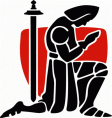 Bishop Luers high school logo. A black knight kneeling in front of a red background.